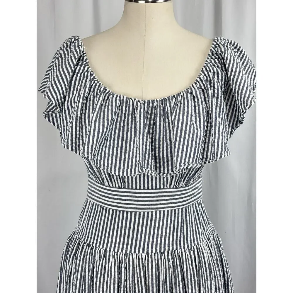 Tory Burch Eyelet Embroidered Seersucker Stripe Ruffles Midi Dress 0 $548